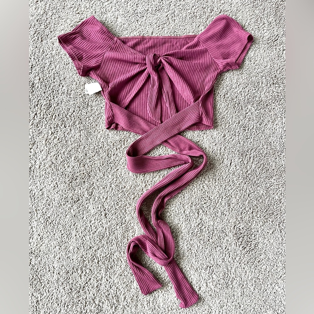 Pink/Purple Ribbed Crop Top Tied Back